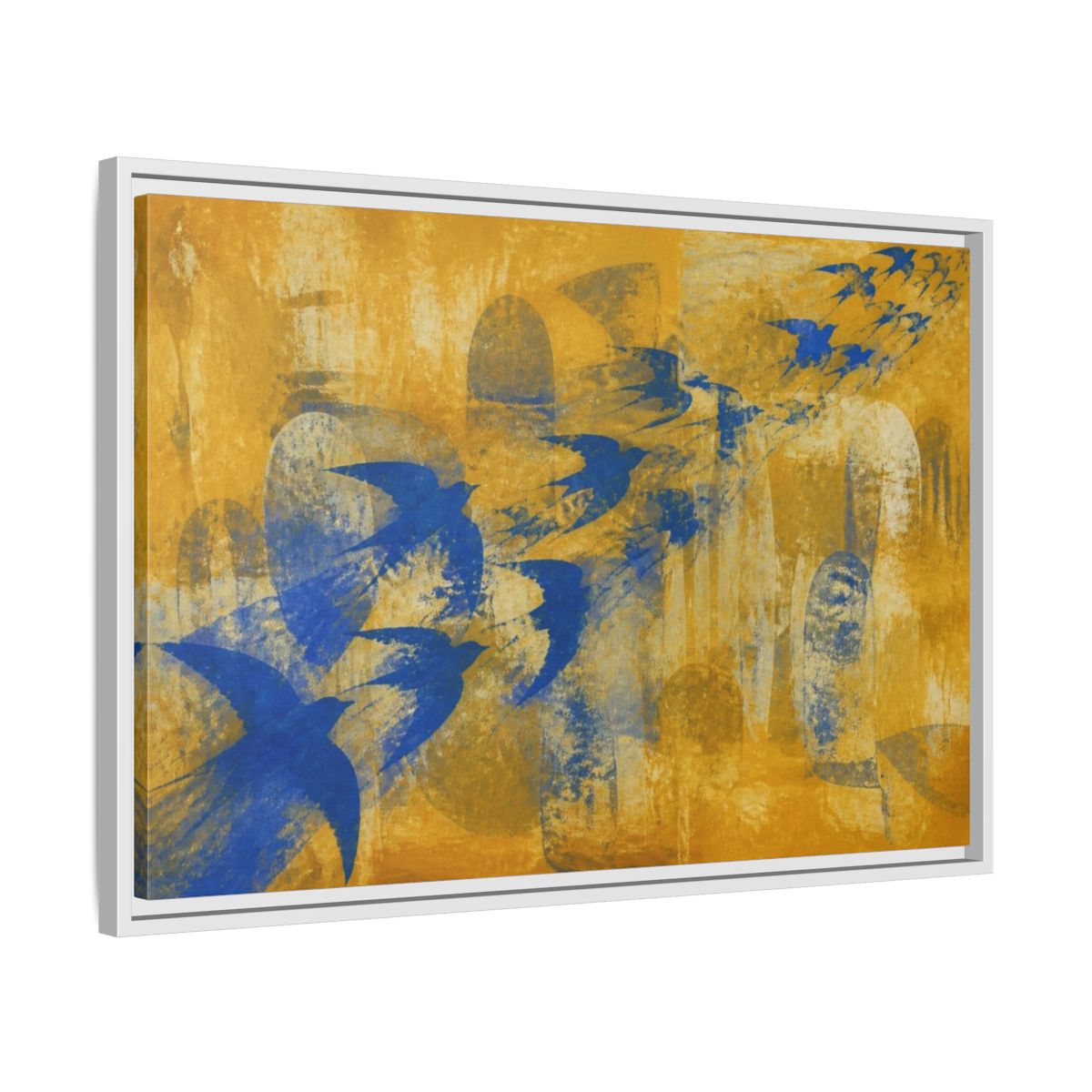 Side Mockup 10. Blue Swallow Flight shown as framed canvas print