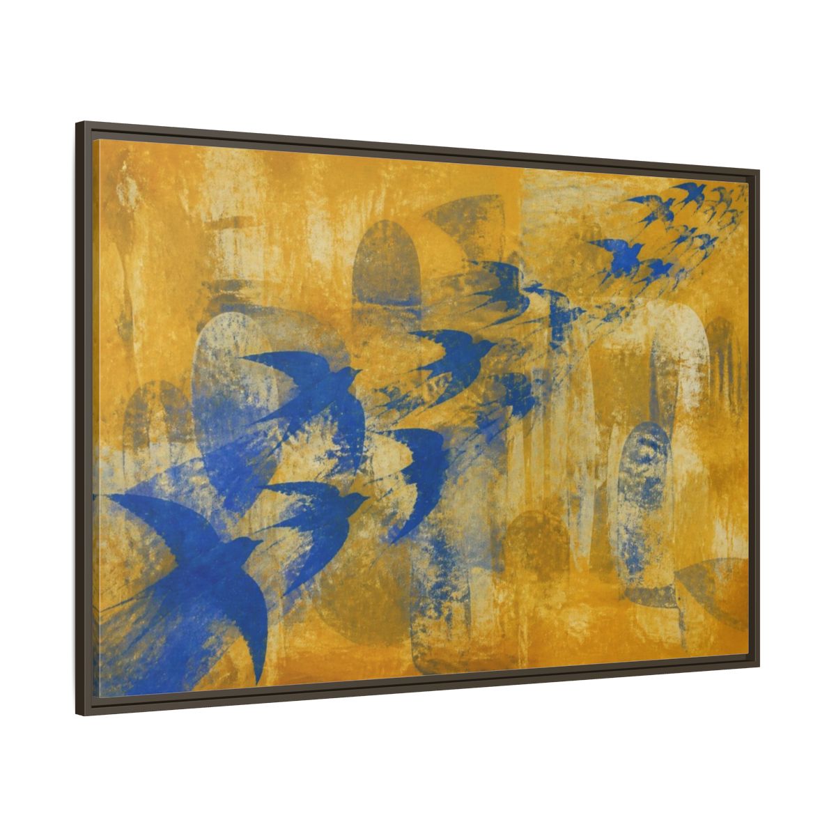 Side Mockup 8. Blue Swallow Flight shown as framed canvas print