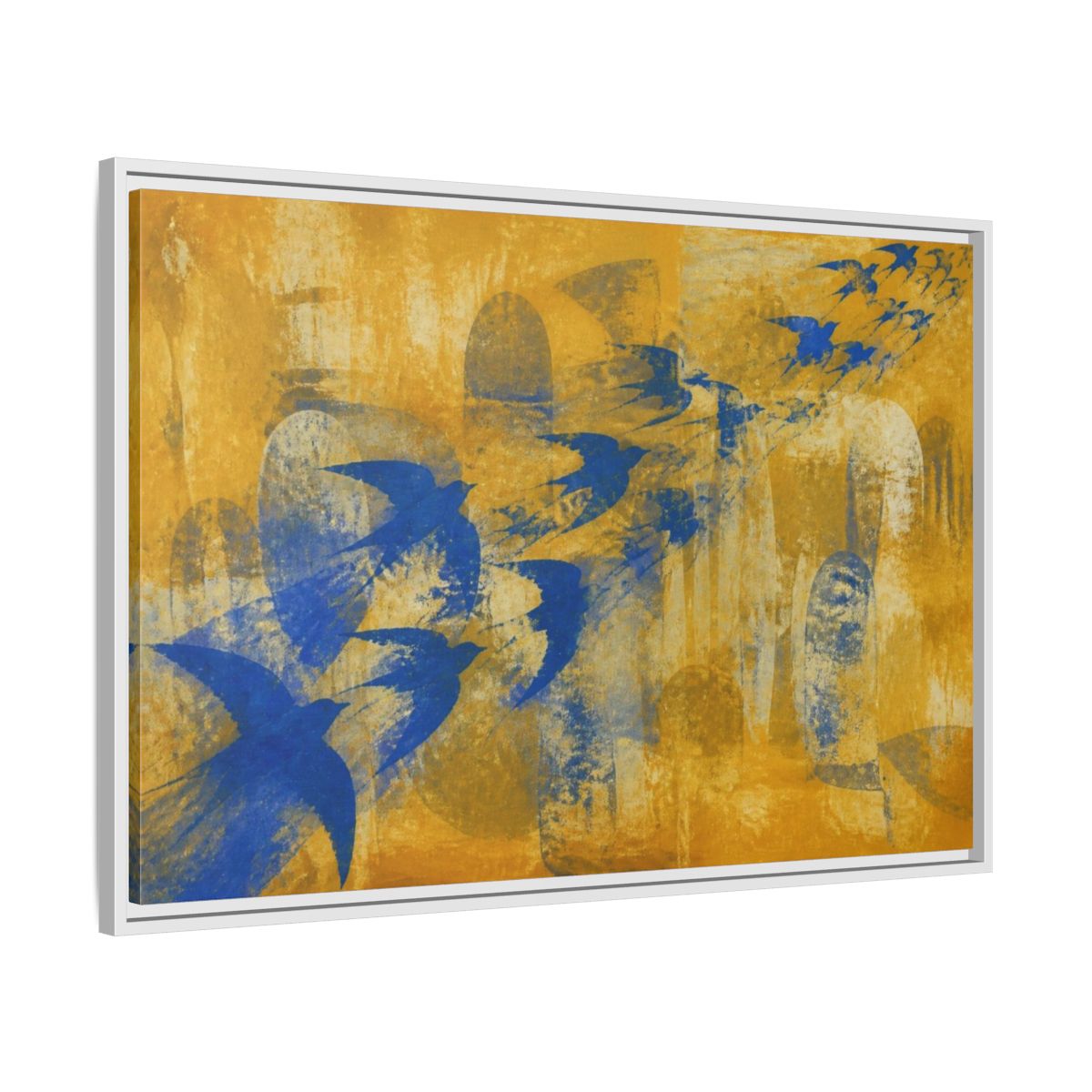Side Mockup 9. Blue Swallow Flight shown as framed canvas print
