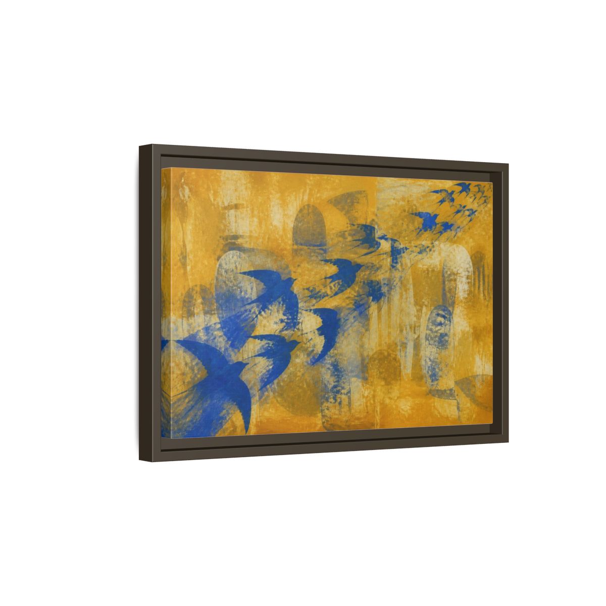 Side Mockup 5. Blue Swallow Flight shown as framed canvas print
