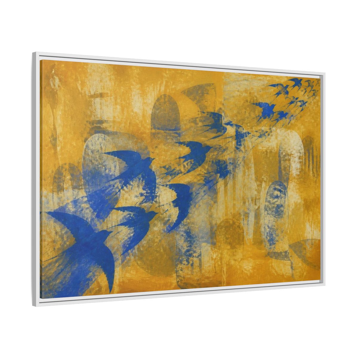Side Mockup 7. Blue Swallow Flight shown as framed canvas print
