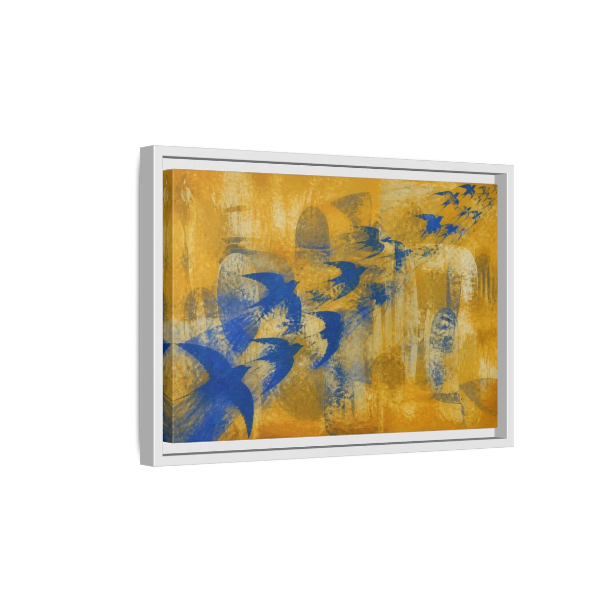 Side Mockup 4. Blue Swallow Flight shown as framed canvas print