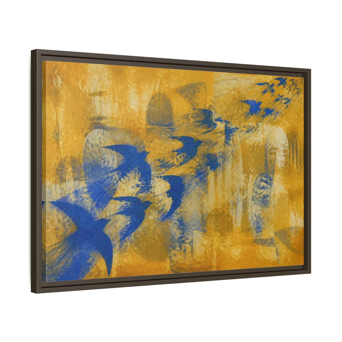 Side Mockup 11. Blue Swallow Flight shown as framed canvas print