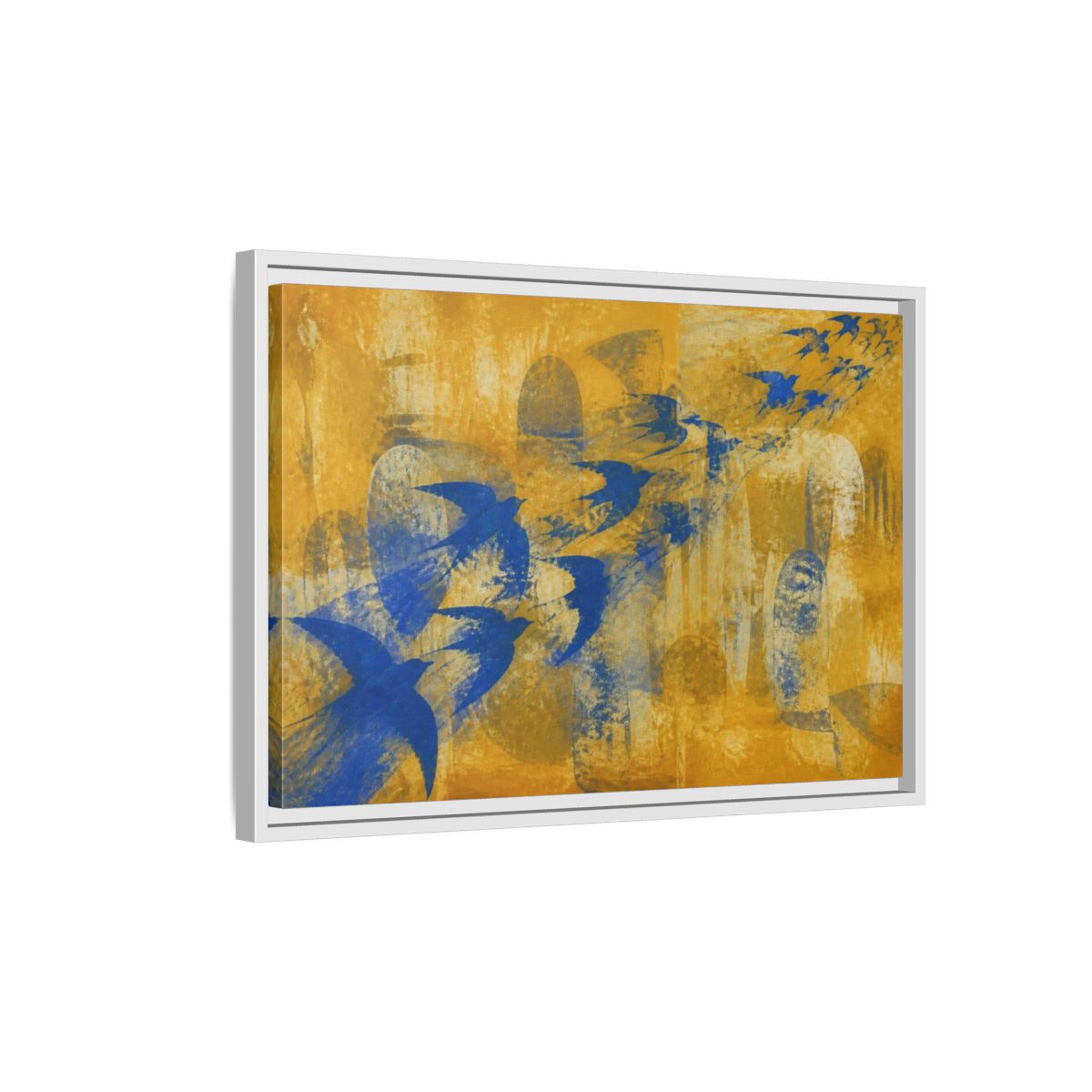 Side Mockup 1. Blue Swallow Flight shown as framed canvas print