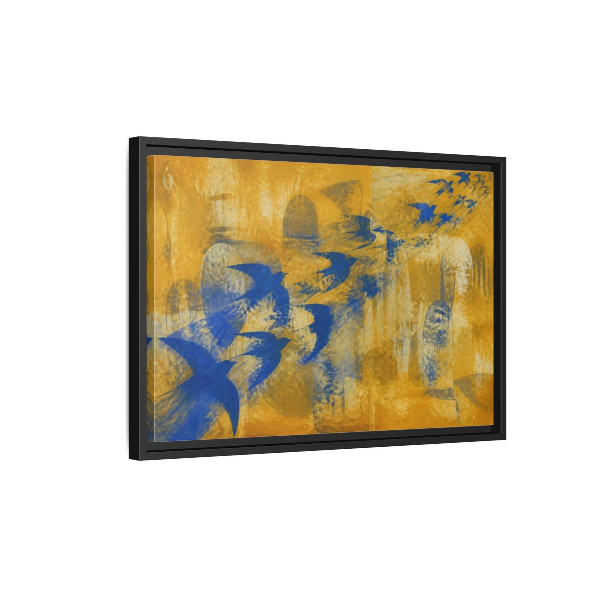 Side Mockup 3. Blue Swallow Flight shown as framed canvas print