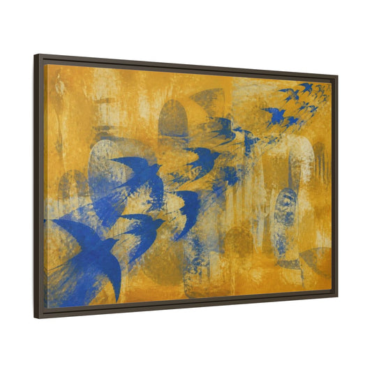 Main Mockup. Blue Swallow Flight shown as framed canvas print
