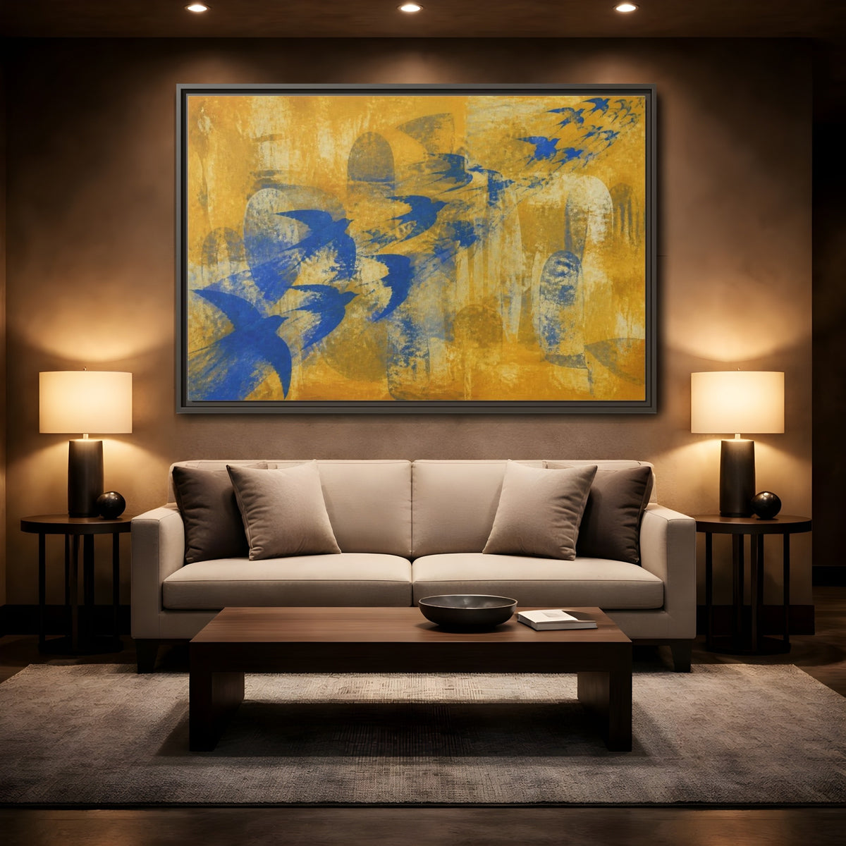 Mockup 2. Blue Swallow Flight shown as framed canvas print