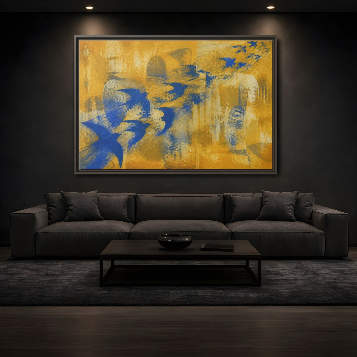 Mockup 3. Blue Swallow Flight shown as framed canvas print
