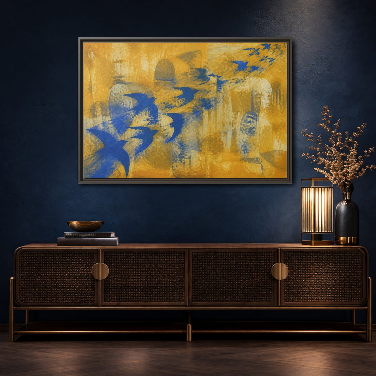 Mockup 4. Blue Swallow Flight shown as framed canvas print
