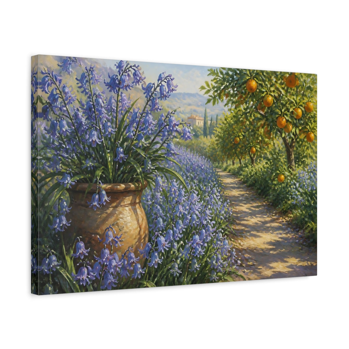 Side Mockup 3. Bluebell Grove Flowers shown as canvas print