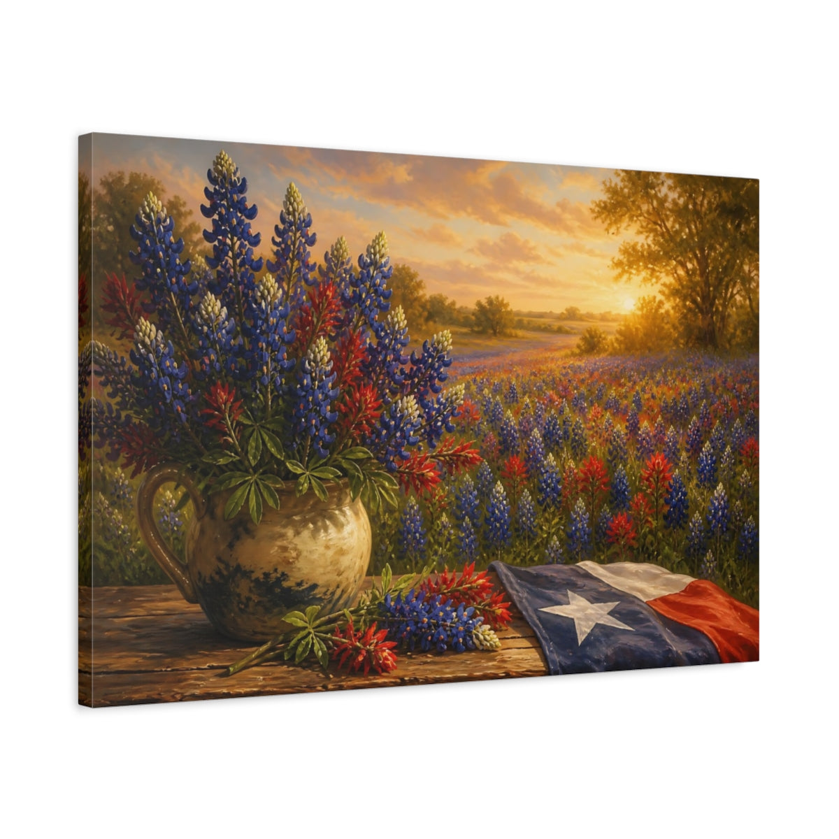 Side Mockup 2. Bluebonnet Flowers At Sunset shown as canvas print