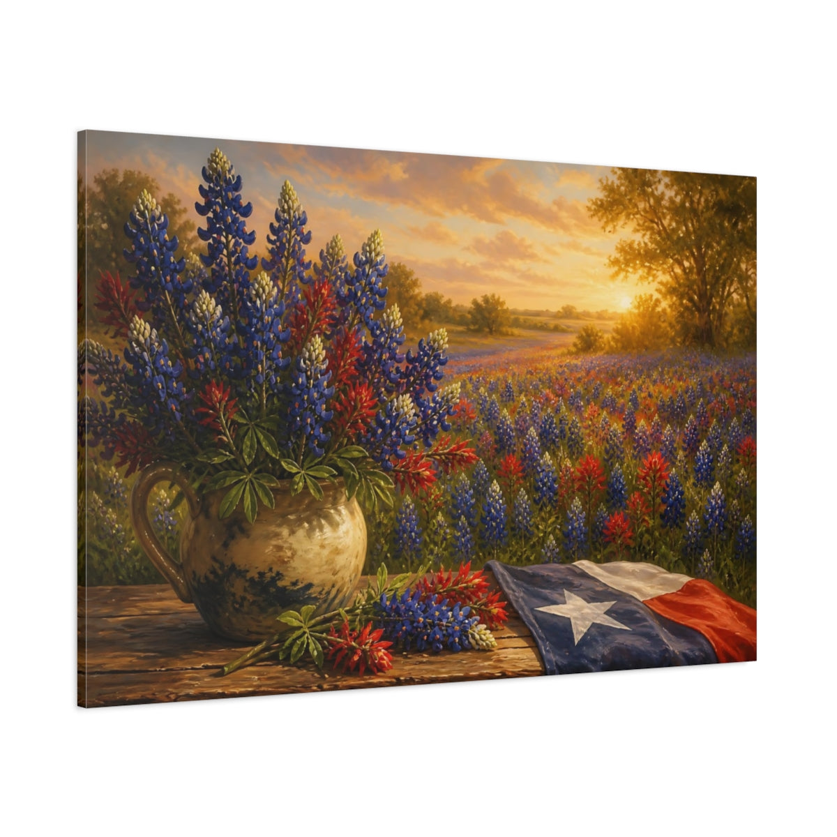 Side Mockup 1. Bluebonnet Flowers At Sunset shown as canvas print