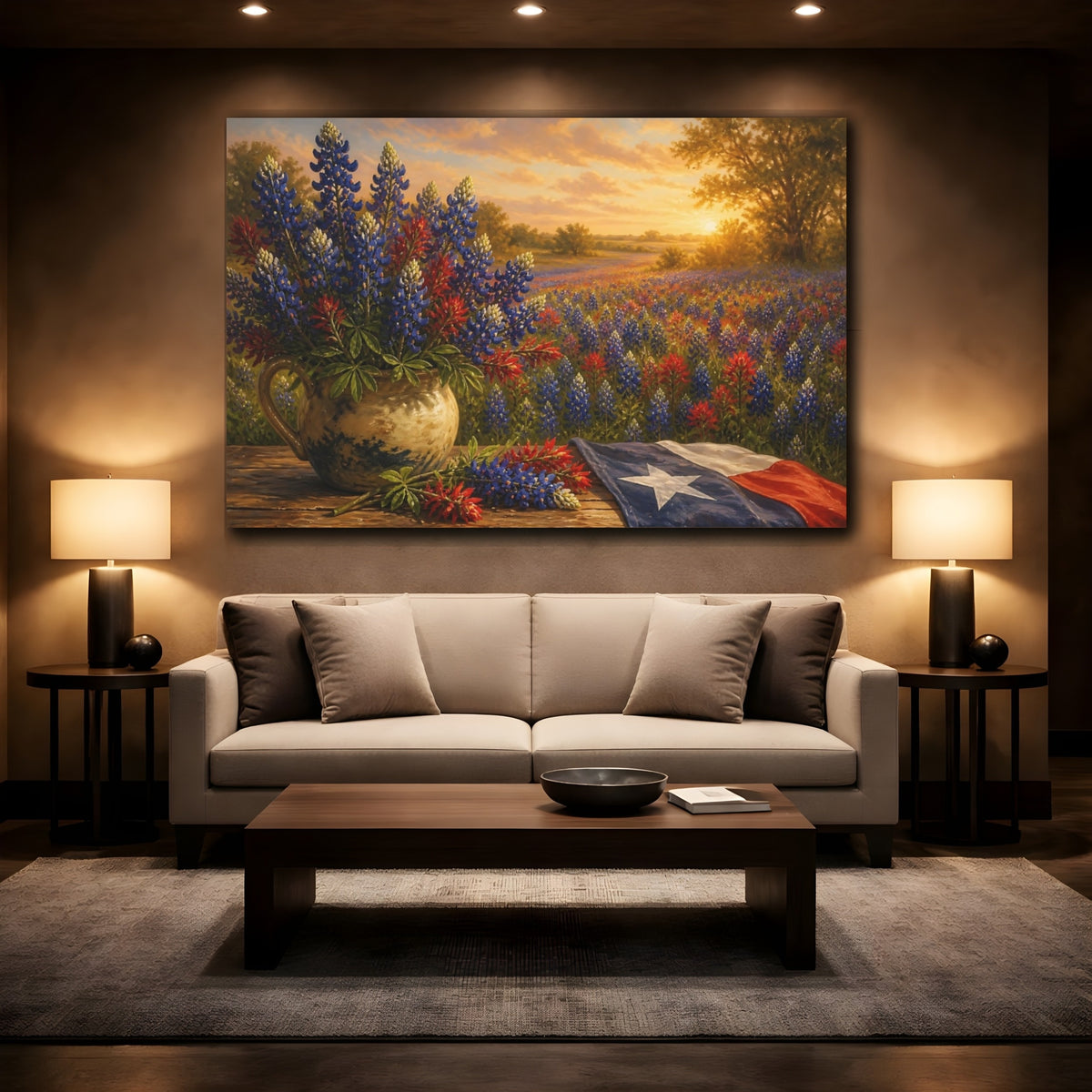 Mockup 2. Bluebonnet Flowers At Sunset shown as canvas print
