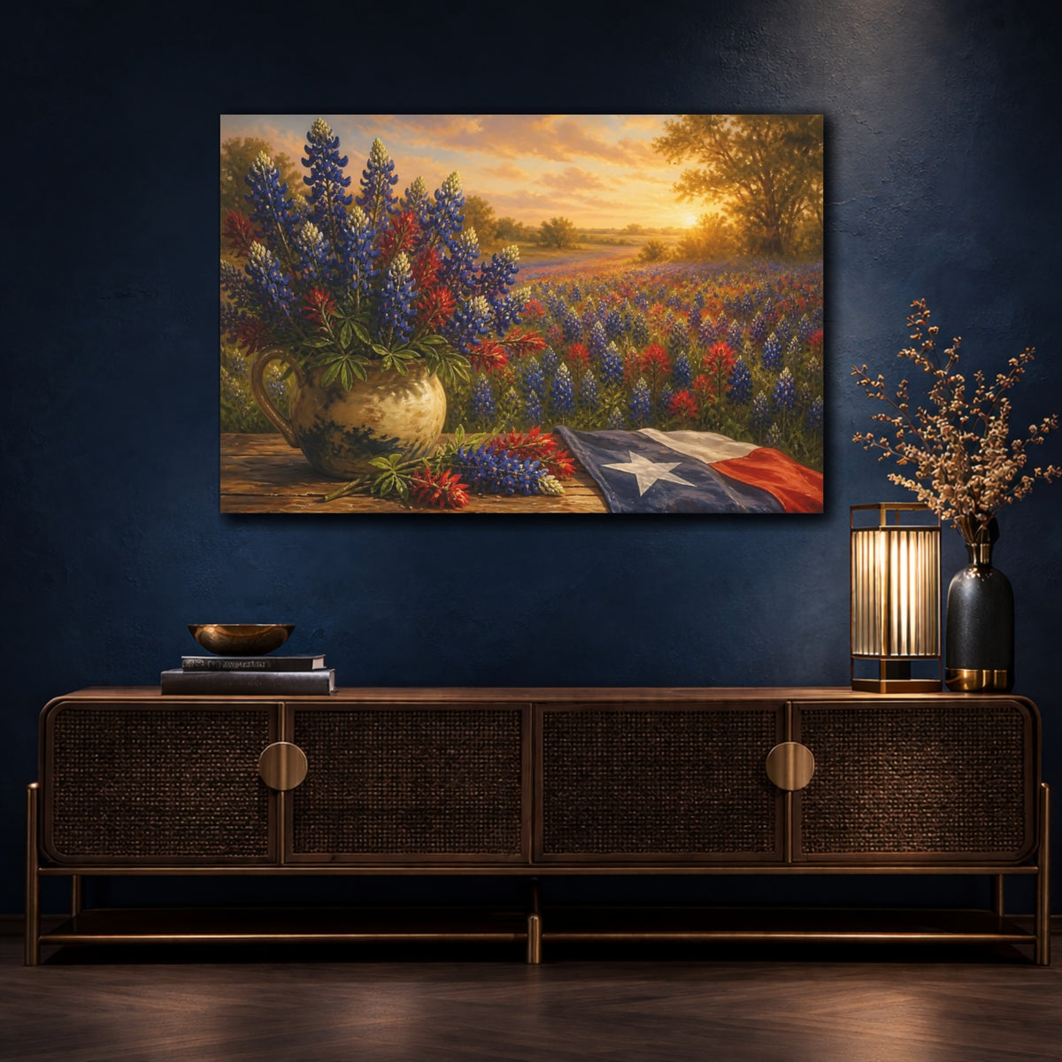 Mockup 4. Bluebonnet Flowers At Sunset shown as canvas print