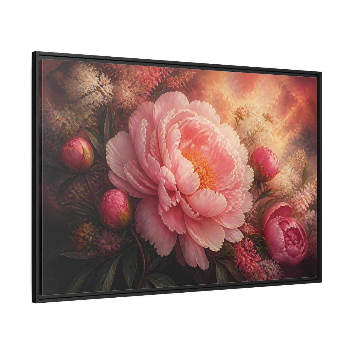 Side Mockup 12. Blushing Pink Peony shown as framed canvas print