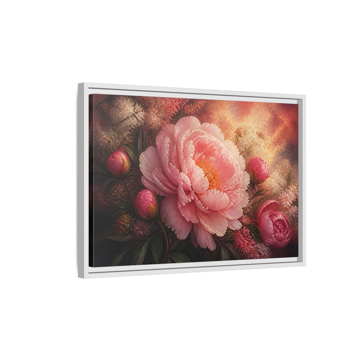 Side Mockup 1. Blushing Pink Peony shown as framed canvas print