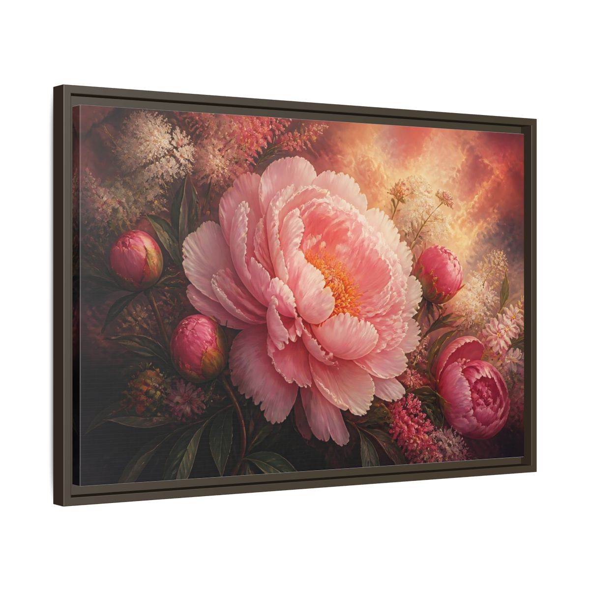 Side Mockup 11. Blushing Pink Peony shown as framed canvas print