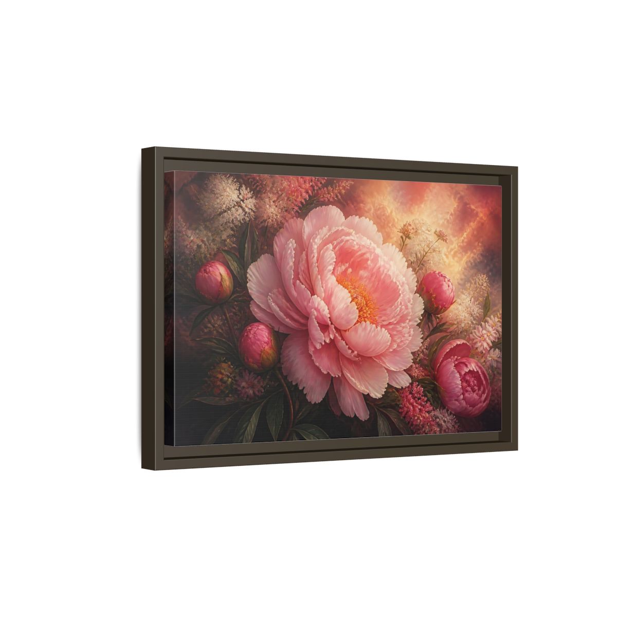 Side Mockup 5. Blushing Pink Peony shown as framed canvas print