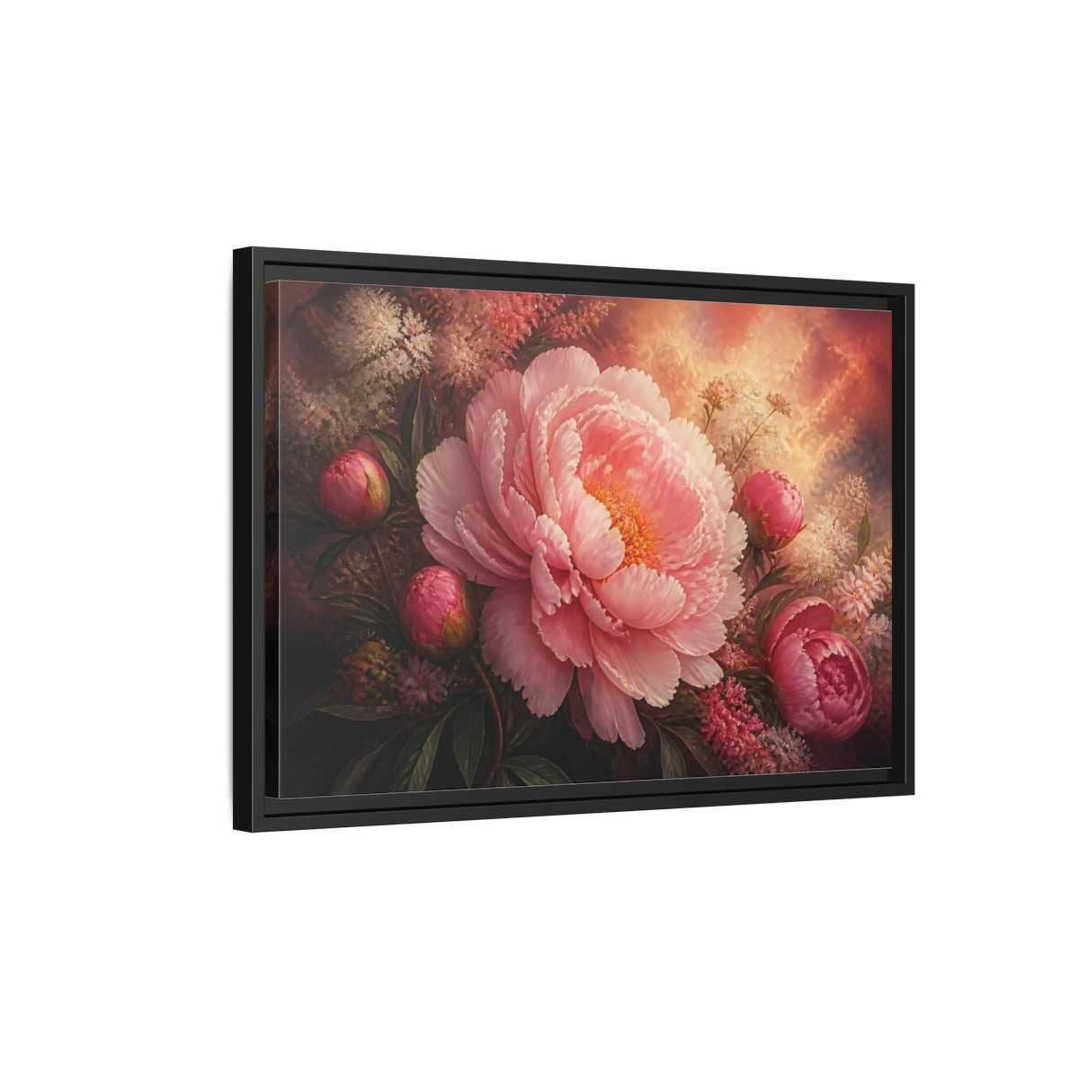 Side Mockup 3. Blushing Pink Peony shown as framed canvas print