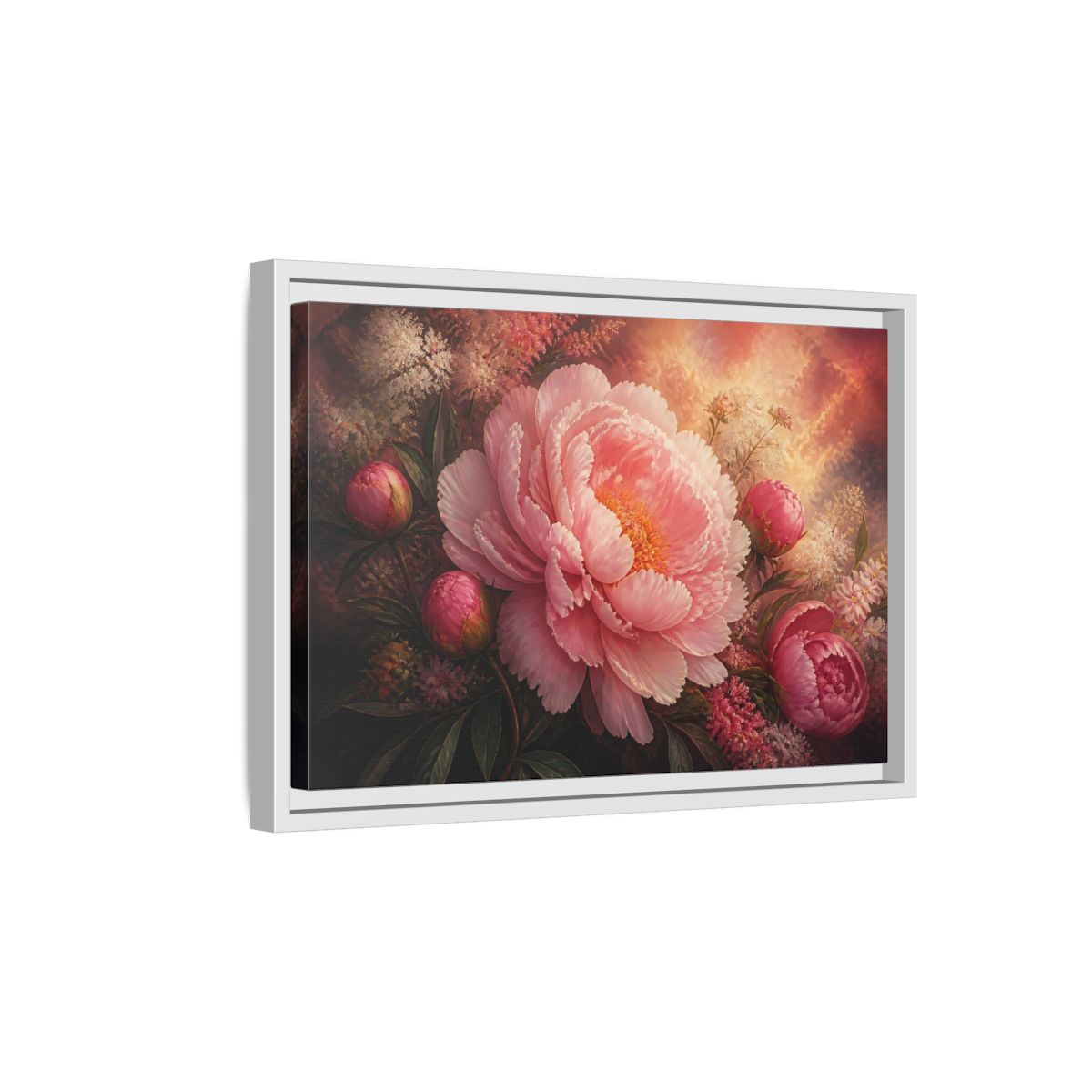 Side Mockup 4. Blushing Pink Peony shown as framed canvas print