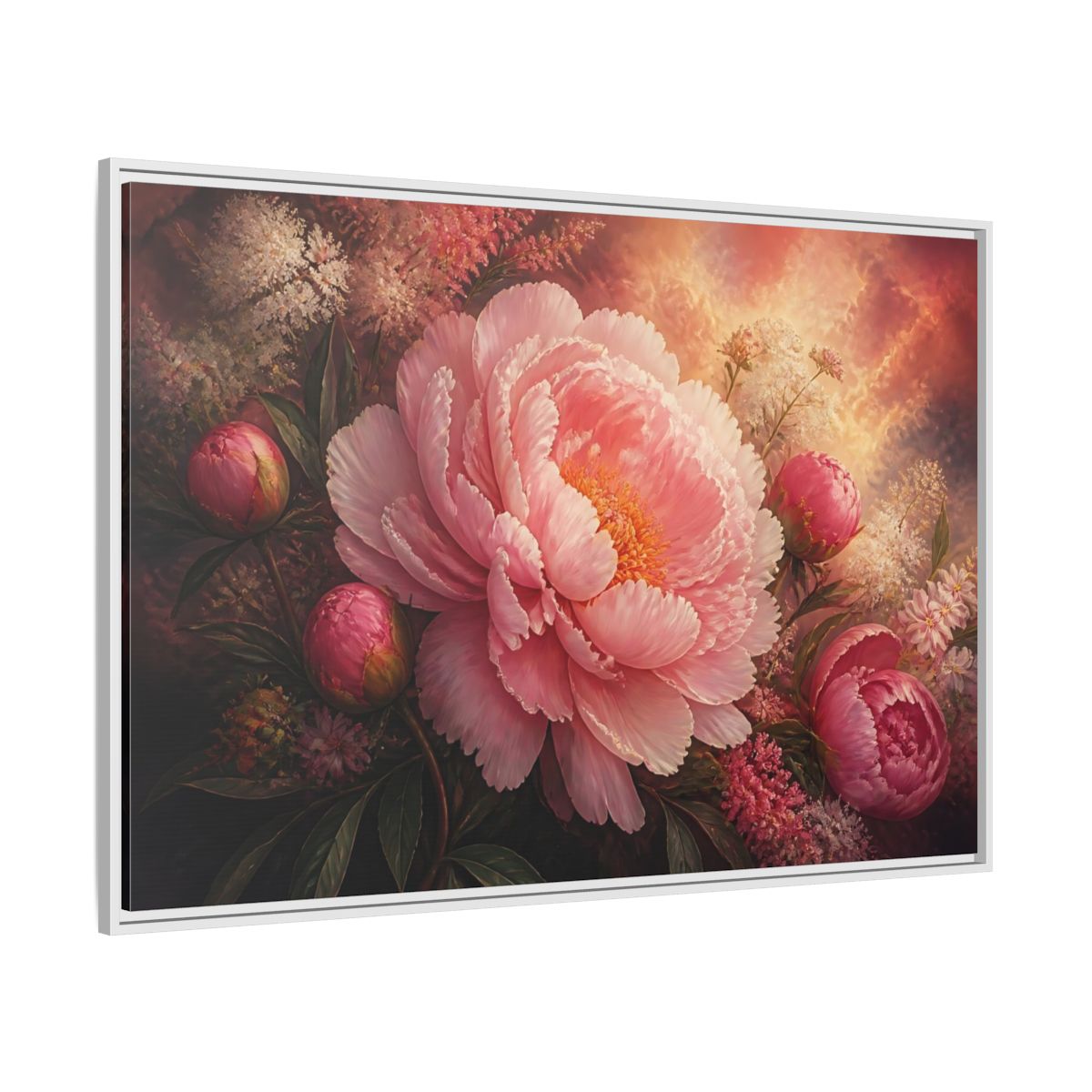 Side Mockup 7. Blushing Pink Peony shown as framed canvas print