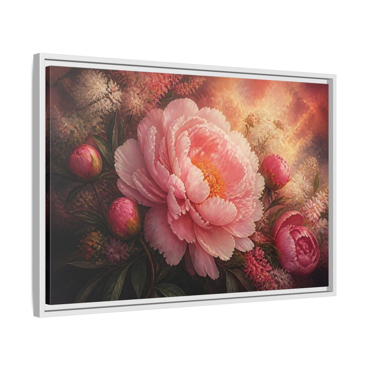 Side Mockup 10. Blushing Pink Peony shown as framed canvas print