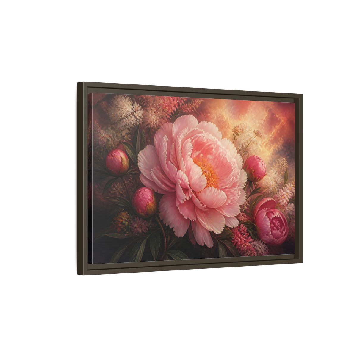 Side Mockup 2. Blushing Pink Peony shown as framed canvas print