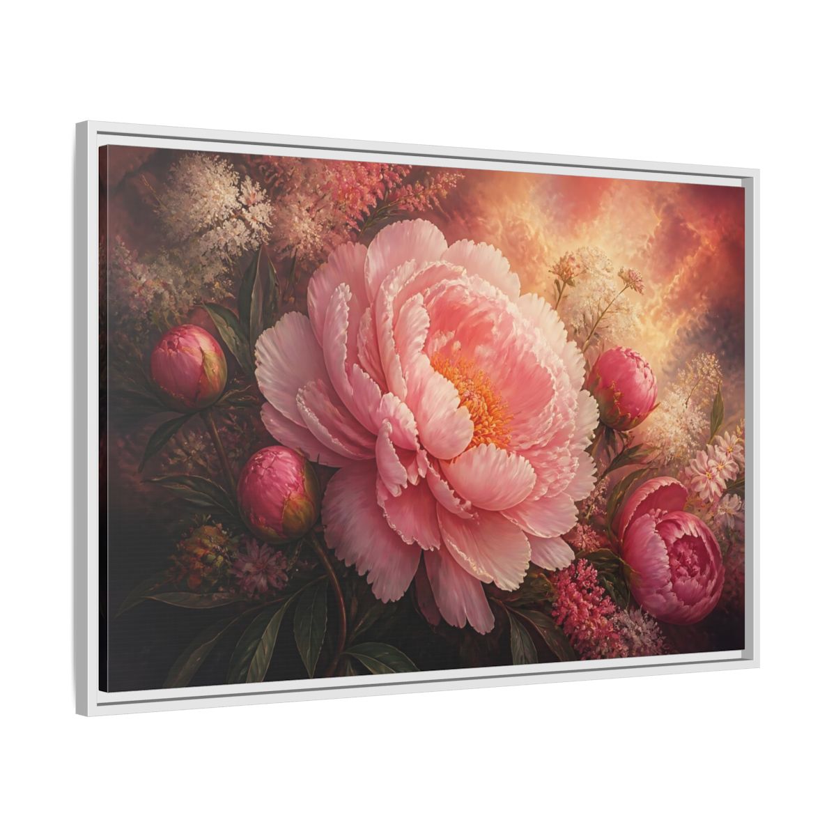 Side Mockup 9. Blushing Pink Peony shown as framed canvas print