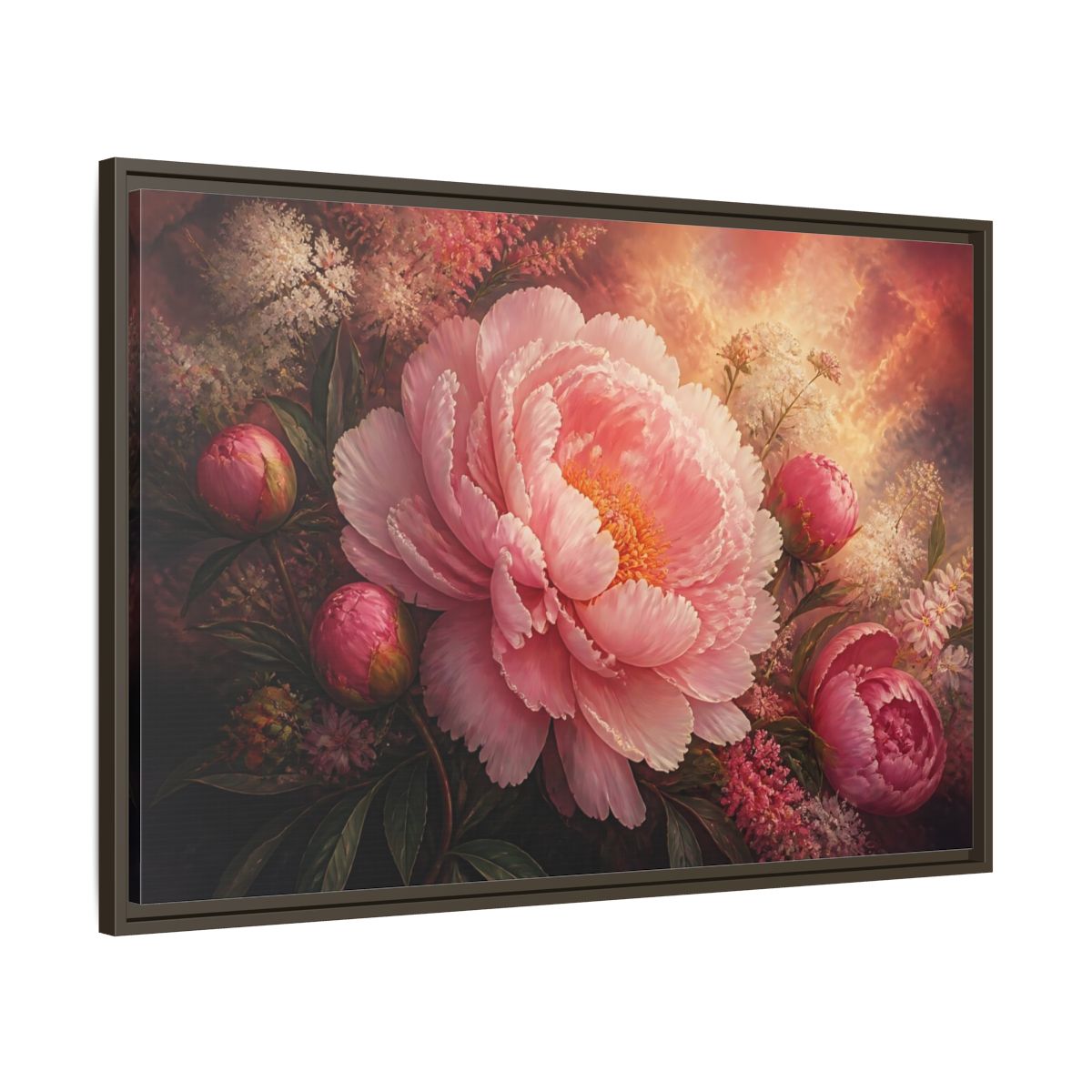 Main Mockup. Blushing Pink Peony shown as framed canvas print