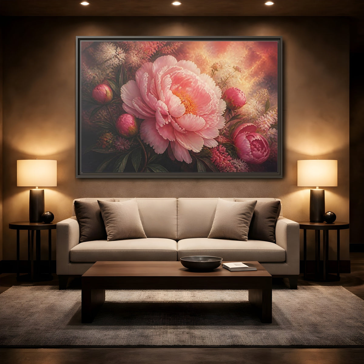 Mockup 2. Blushing Pink Peony shown as framed canvas print