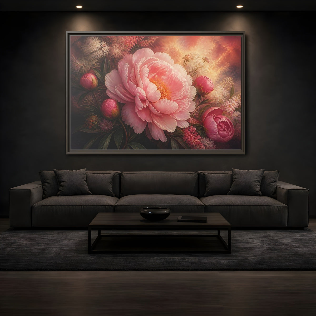 Mockup 3. Blushing Pink Peony shown as framed canvas print