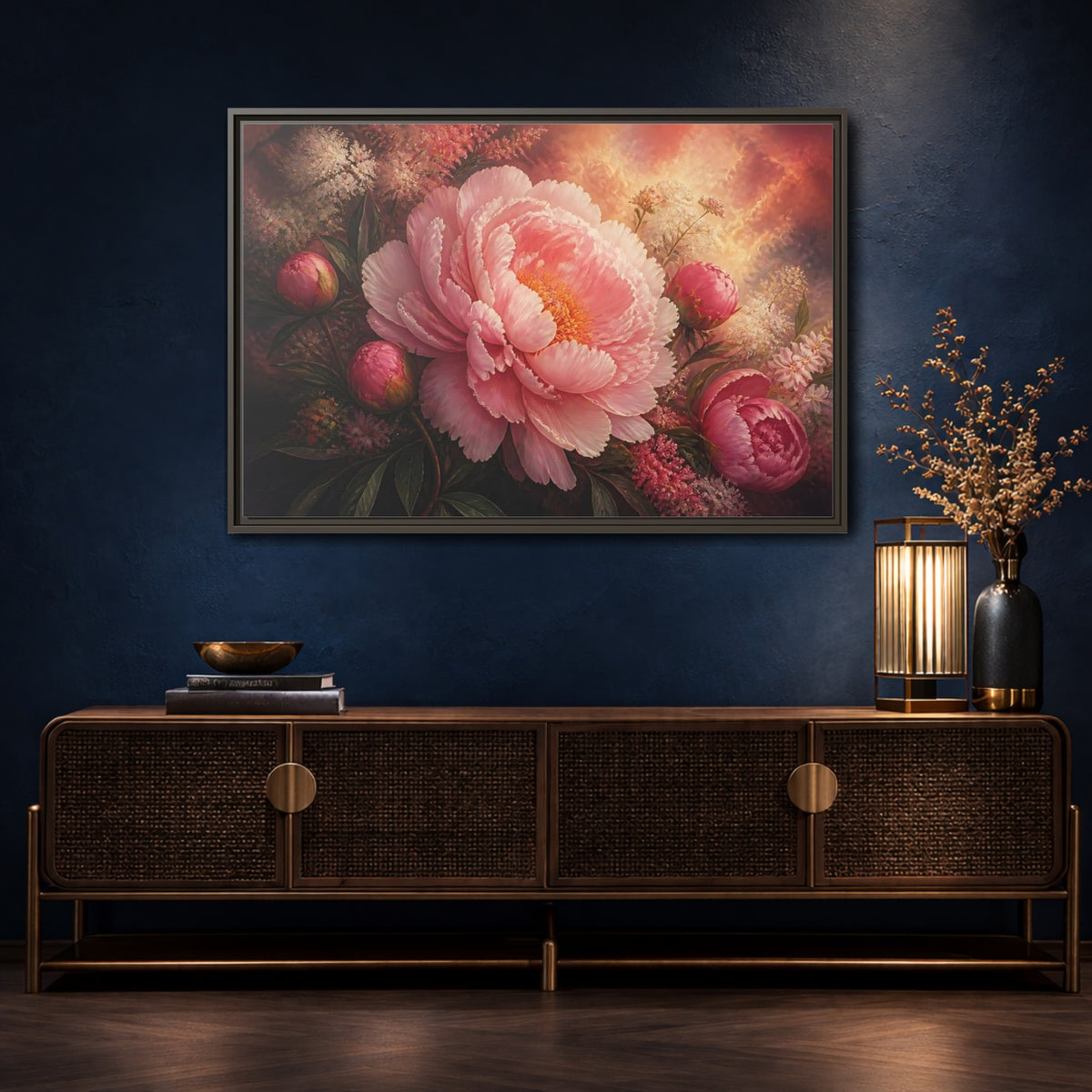Mockup 4. Blushing Pink Peony shown as framed canvas print