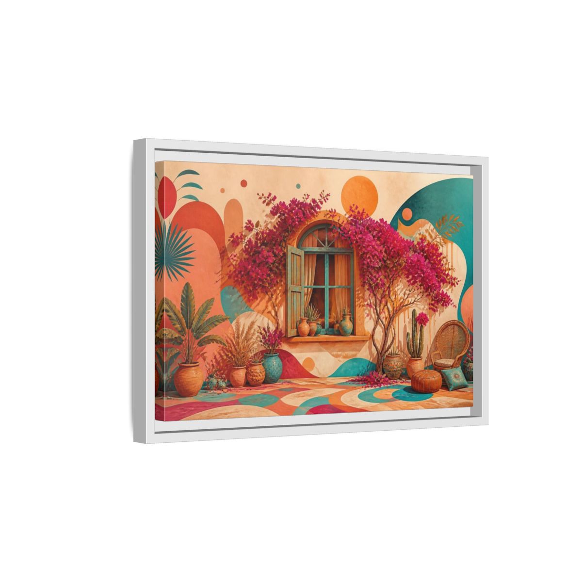 Side Mockup 4. Boho Bougainvillea Window shown as framed canvas print