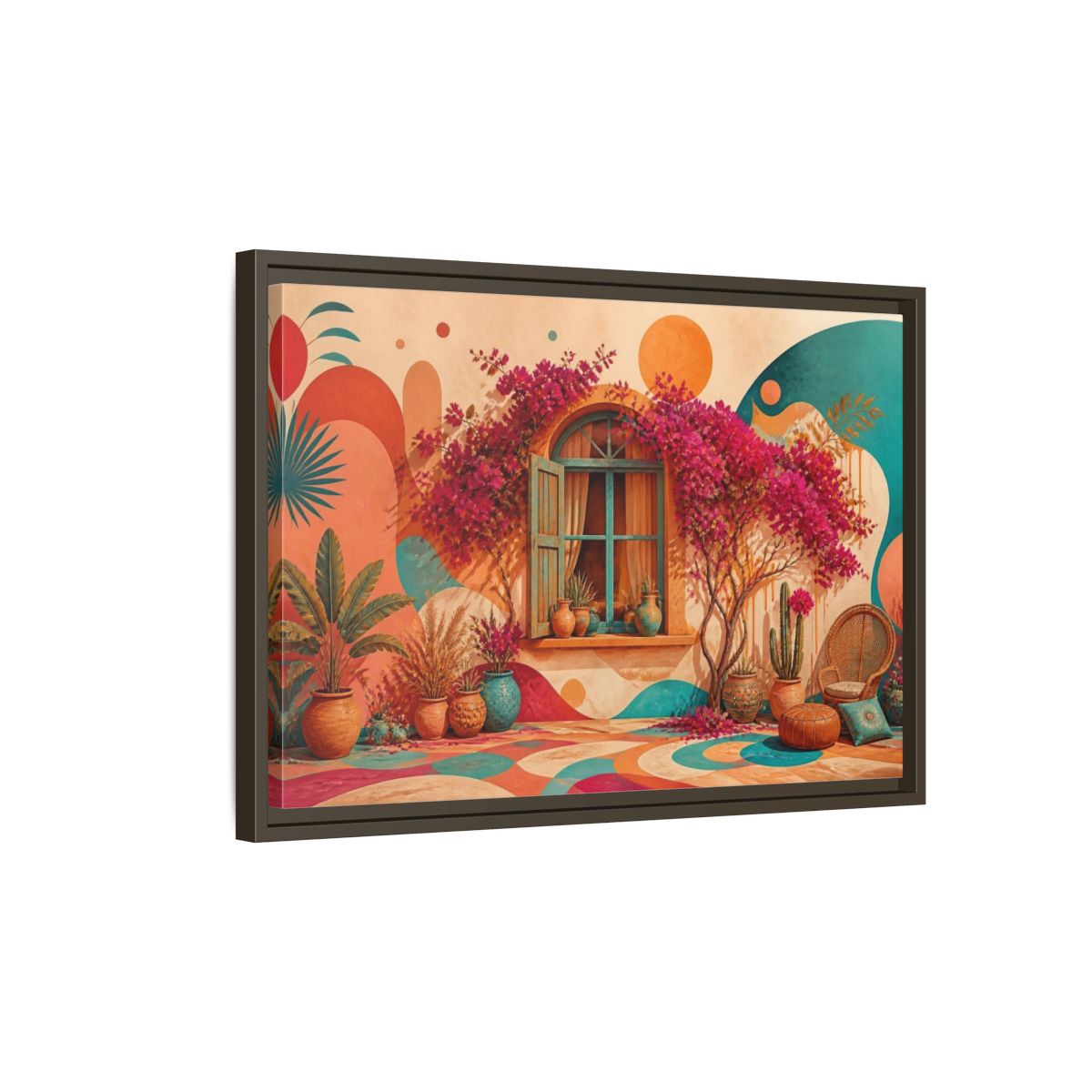 Side Mockup 2. Boho Bougainvillea Window shown as framed canvas print