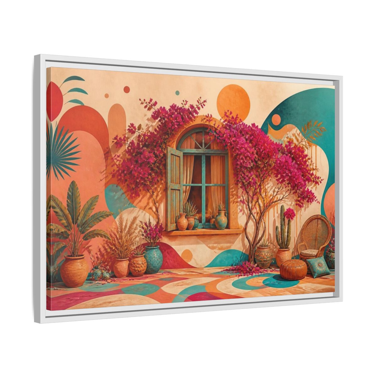Side Mockup 10. Boho Bougainvillea Window shown as framed canvas print