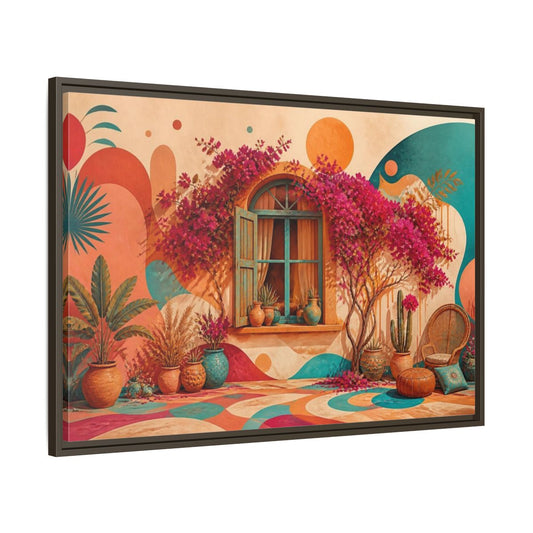 Main Mockup. Boho Bougainvillea Window shown as framed canvas print