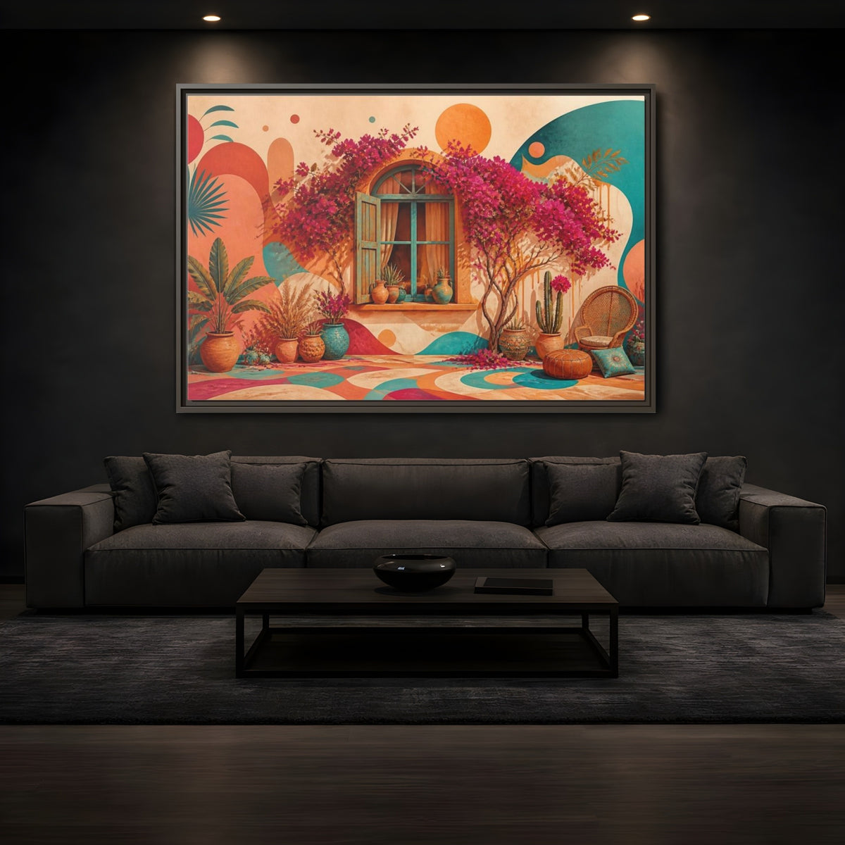 Mockup 3. Boho Bougainvillea Window shown as framed canvas print