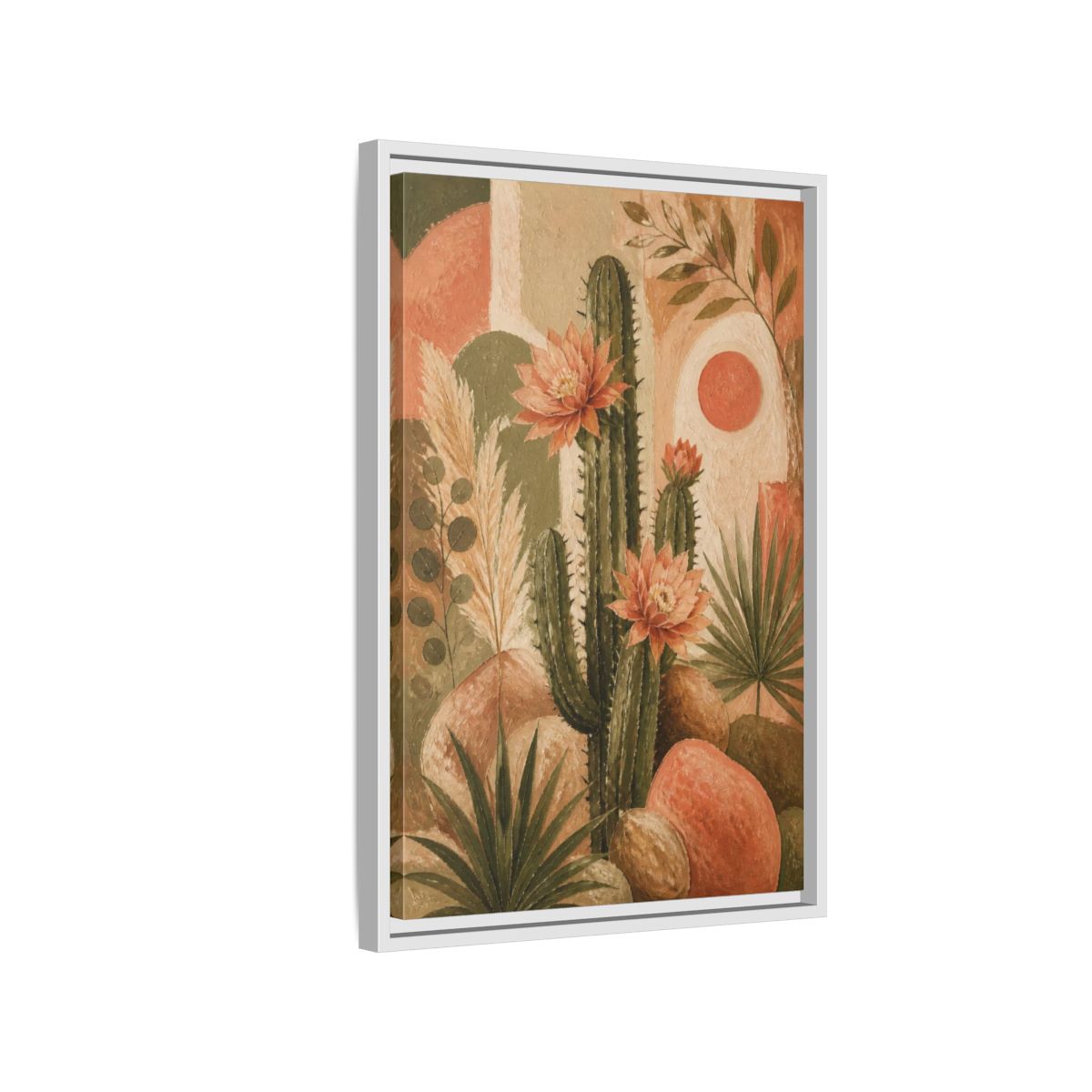 Side Mockup 1. Boho Cactus Bloom shown as framed canvas print