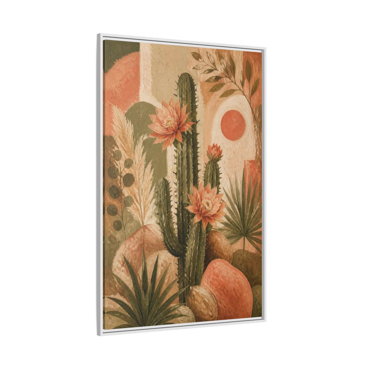 Side Mockup 7. Boho Cactus Bloom shown as framed canvas print