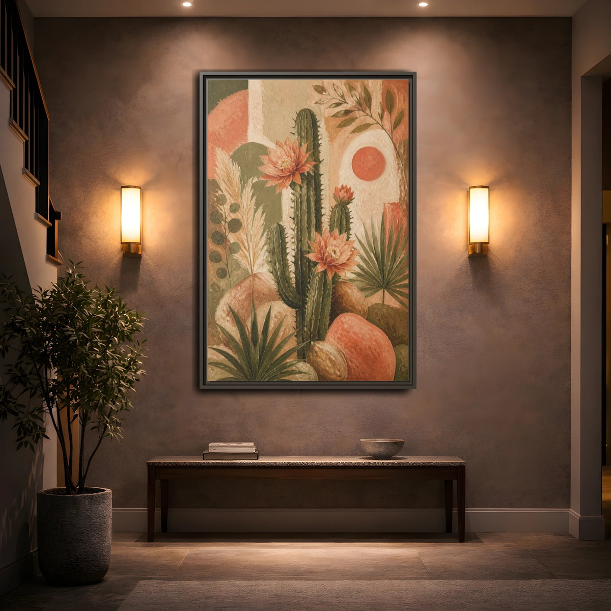 Mockup 2. Boho Cactus Bloom shown as framed canvas print