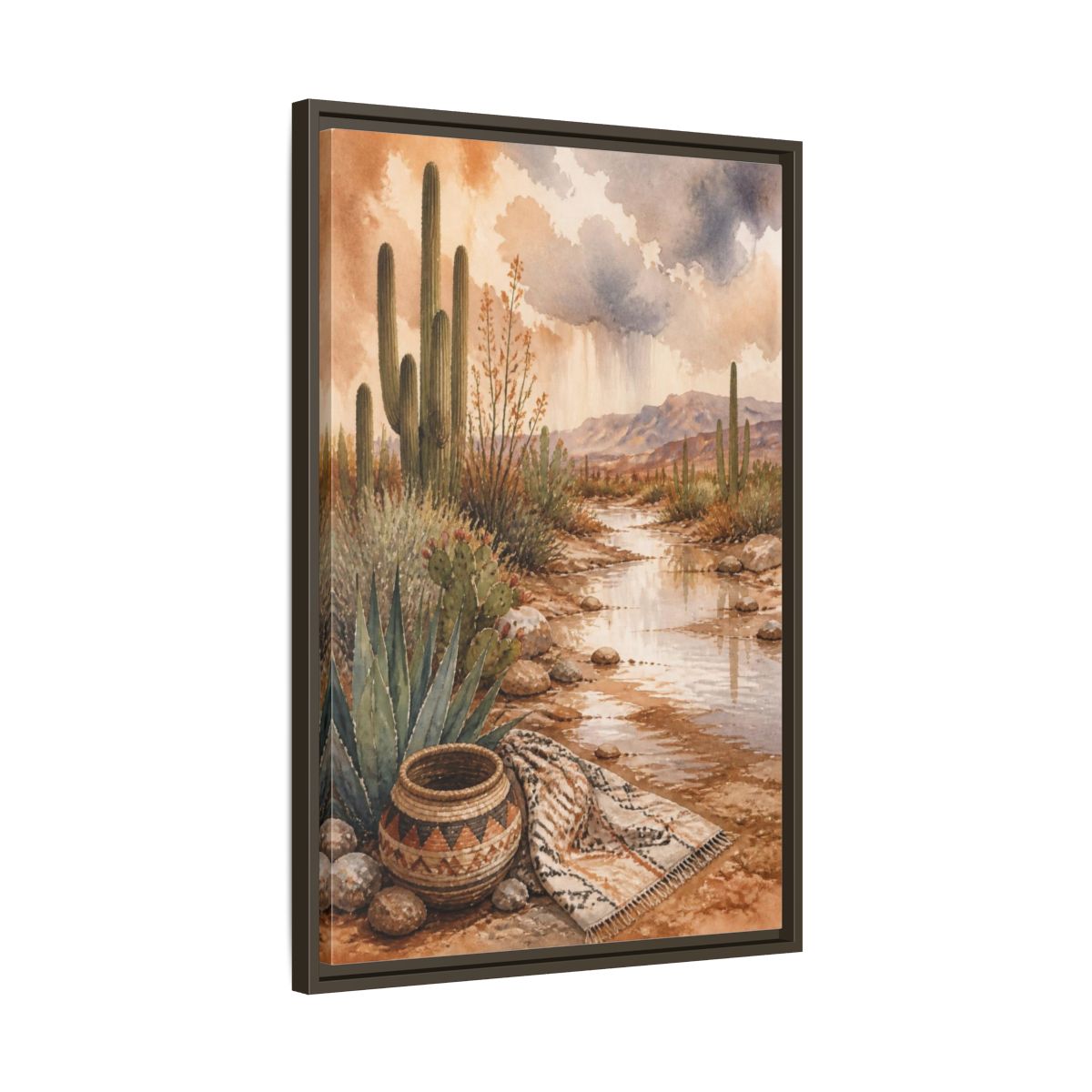 Side Mockup 11. Boho Cactus Oasis shown as framed canvas print