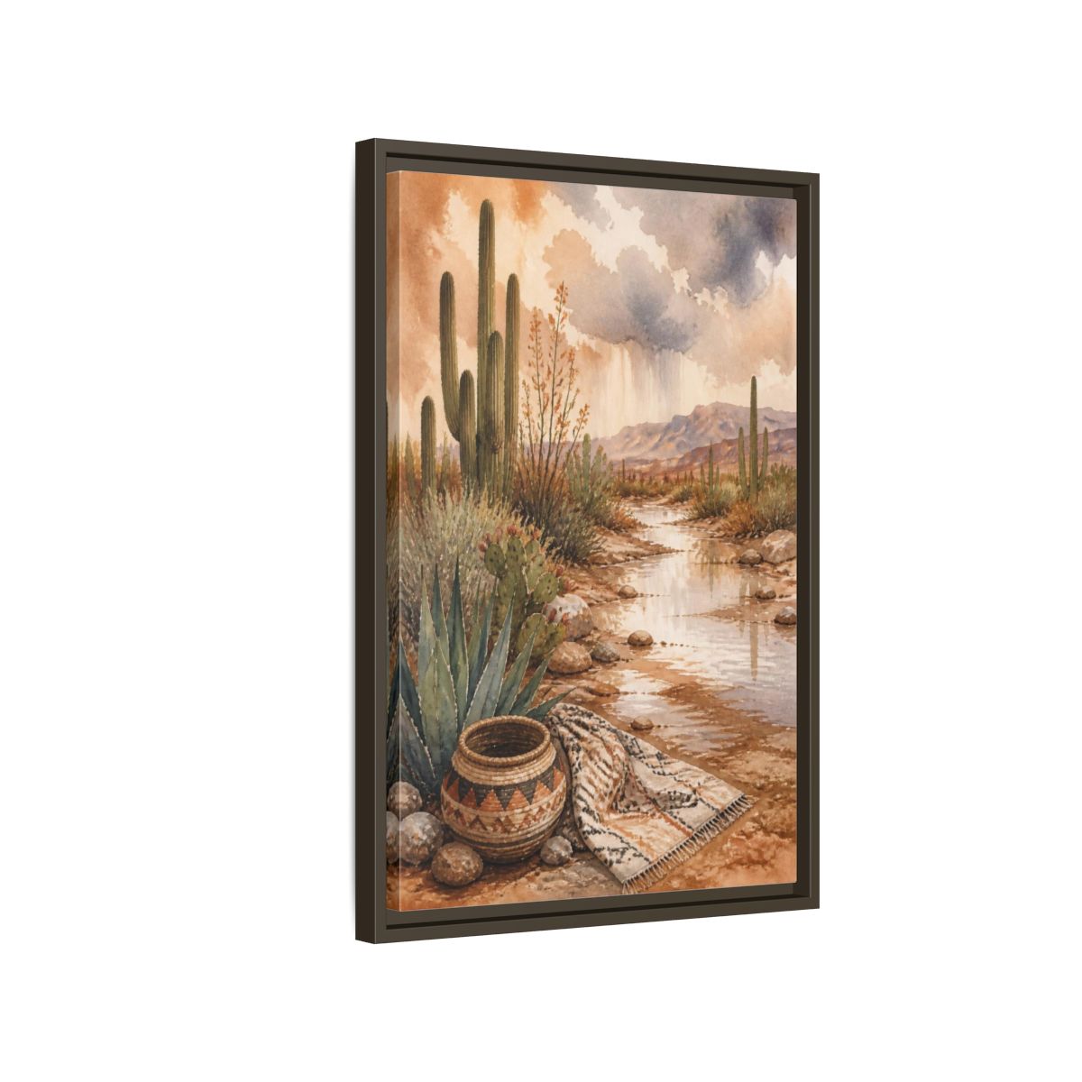 Side Mockup 2. Boho Cactus Oasis shown as framed canvas print