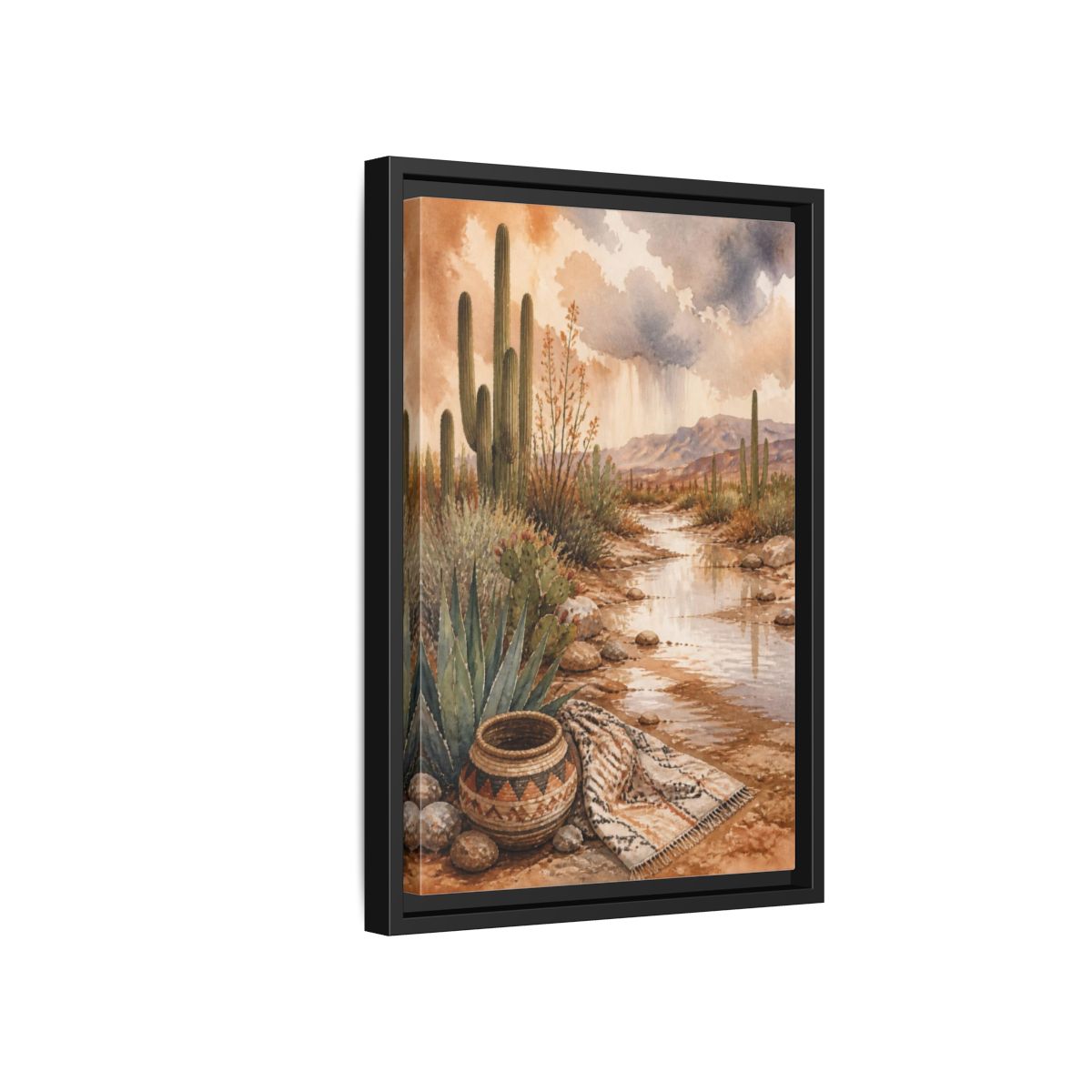 Side Mockup 6. Boho Cactus Oasis shown as framed canvas print