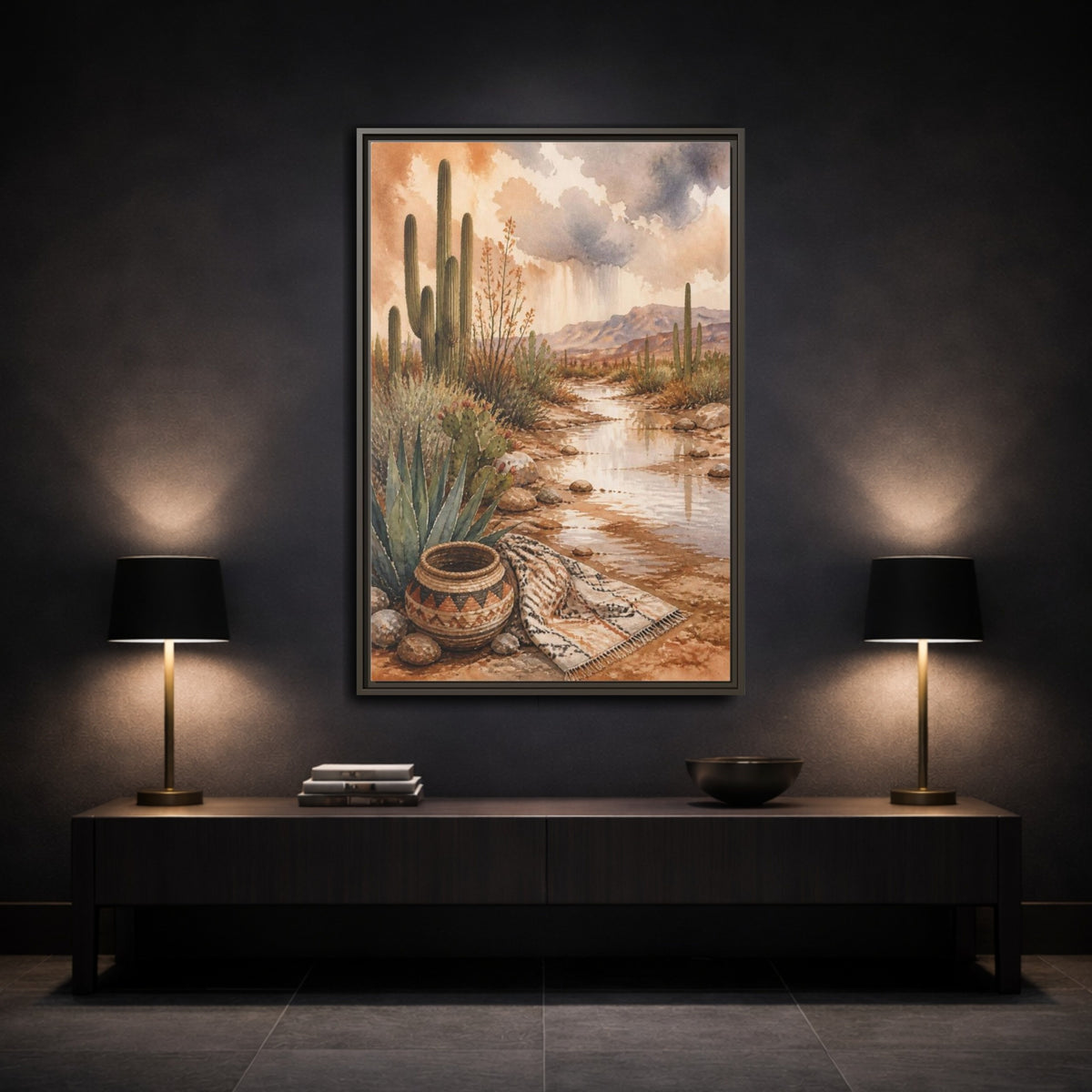 Mockup 3. Boho Cactus Oasis shown as framed canvas print