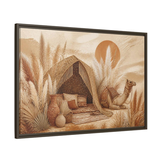 Main Mockup. Boho Camel Oasis shown as framed canvas print