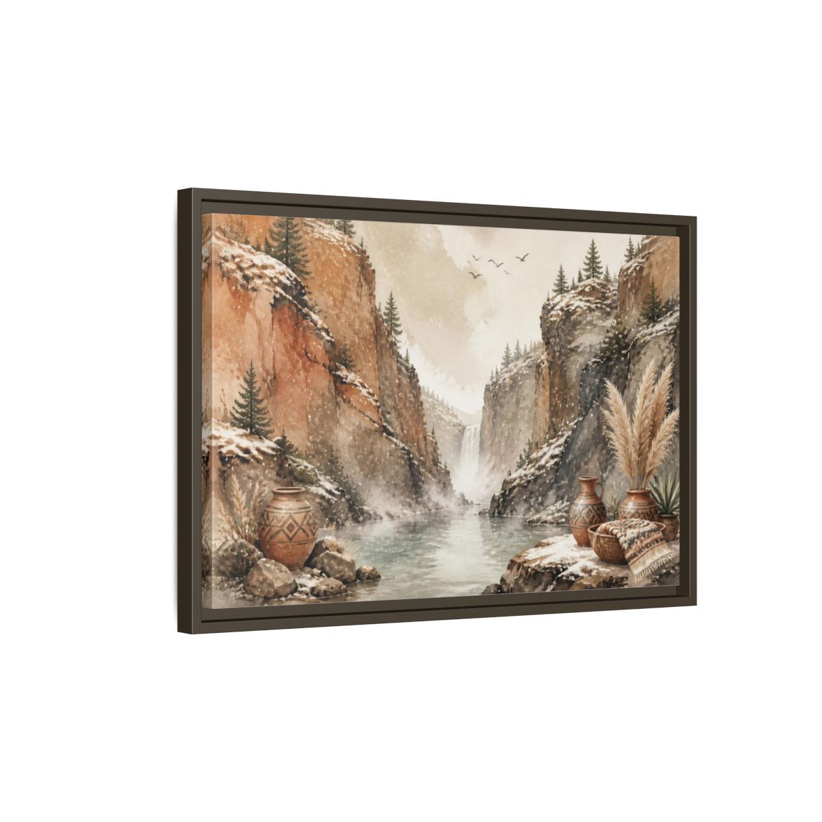 Side Mockup 2. Boho Canyon Waterfall shown as framed canvas print