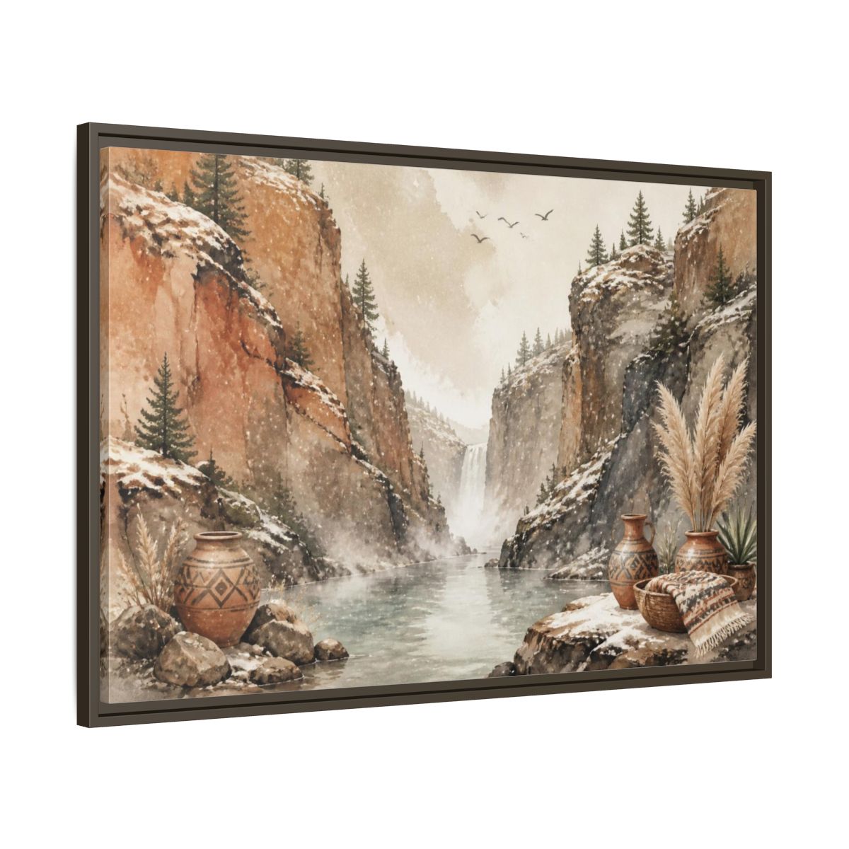 Main Mockup. Boho Canyon Waterfall shown as framed canvas print