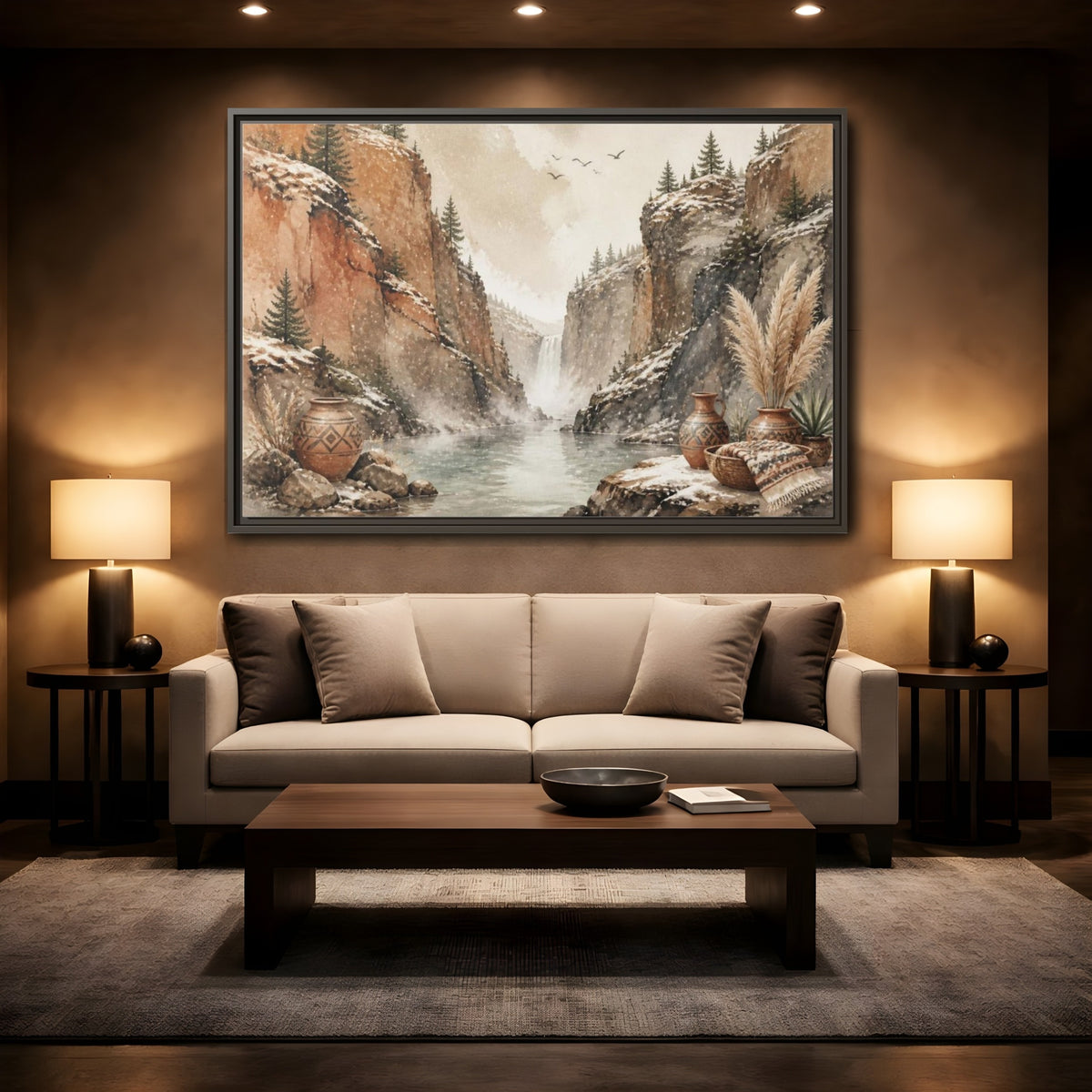 Mockup 2. Boho Canyon Waterfall shown as framed canvas print