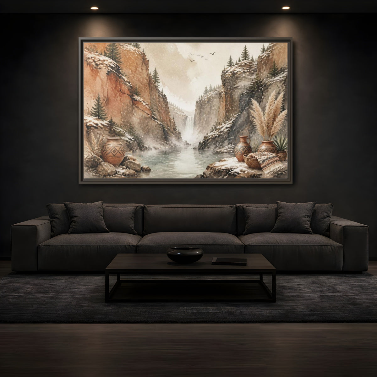 Mockup 3. Boho Canyon Waterfall shown as framed canvas print