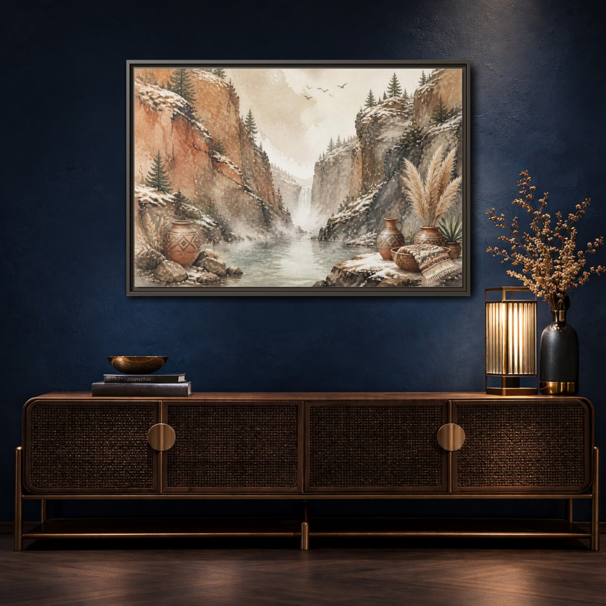 Mockup 4. Boho Canyon Waterfall shown as framed canvas print